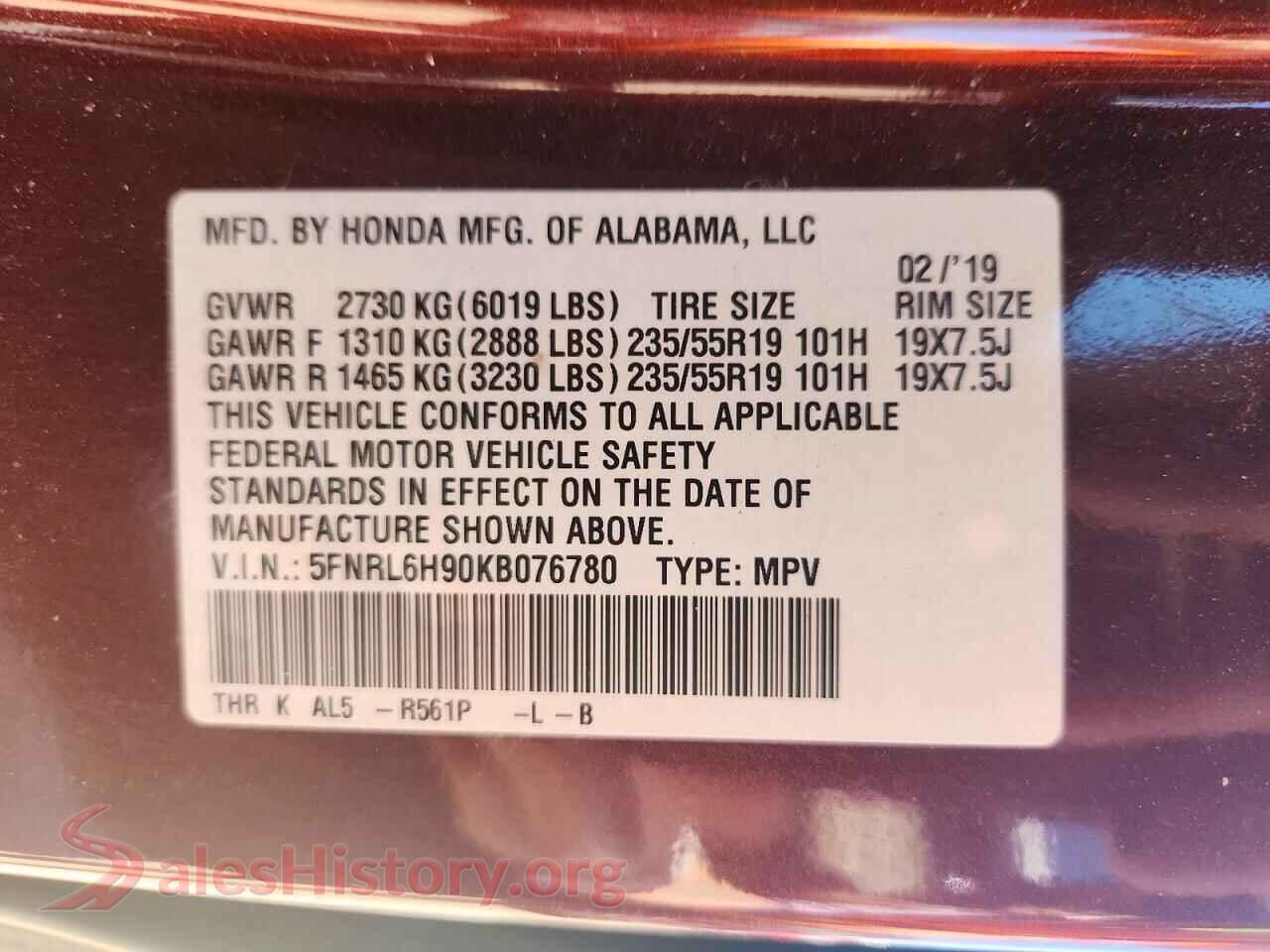2019 HONDA ODYSSEY VIN 5FNRL6H90KB076780, damage close-up
