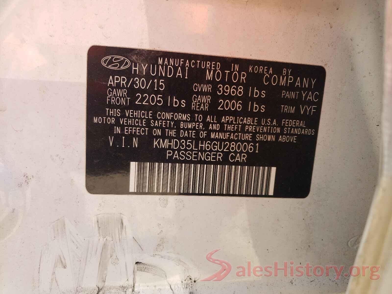 KMHD35LH6GU280061 2016 HYUNDAI ELANTRA