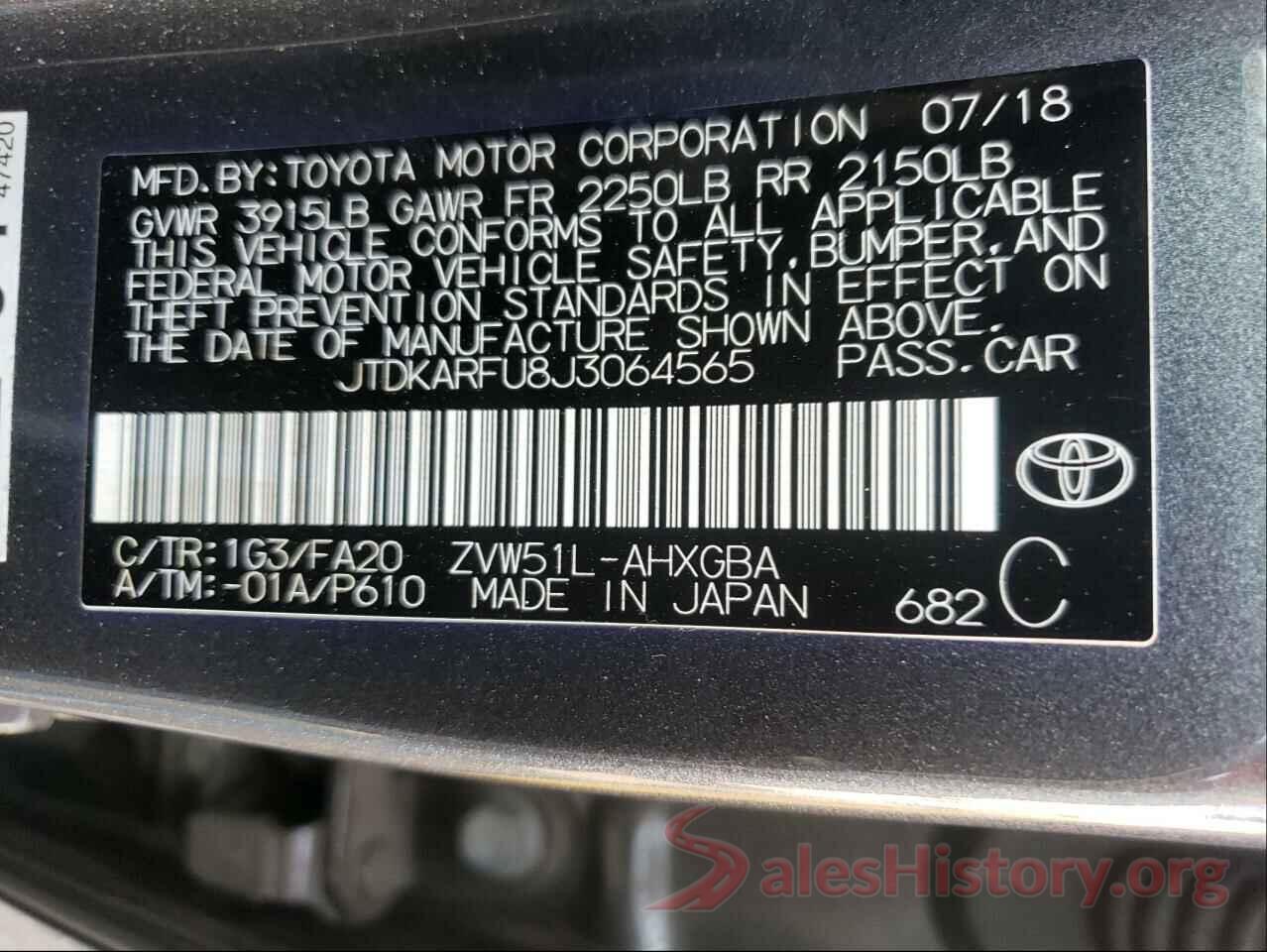 JTDKARFU8J3064565 2018 TOYOTA PRIUS