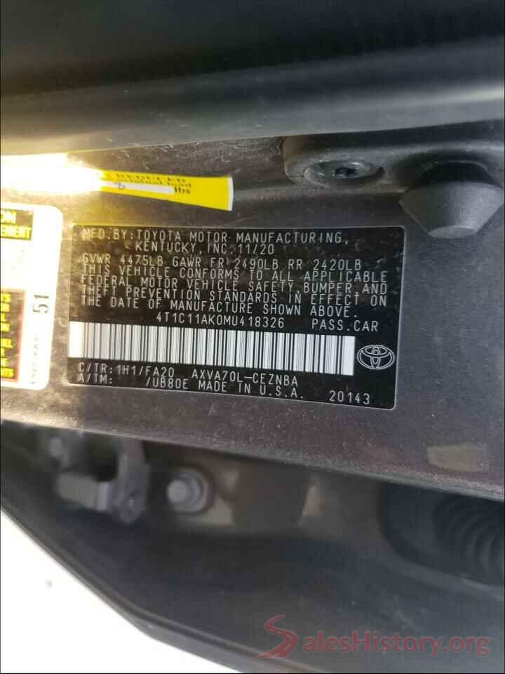 4T1C11AK0MU418326 2021 TOYOTA CAMRY