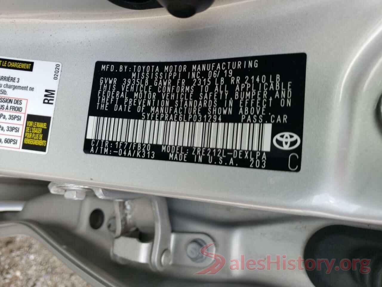 5YFEPRAE6LP031294 2020 TOYOTA COROLLA