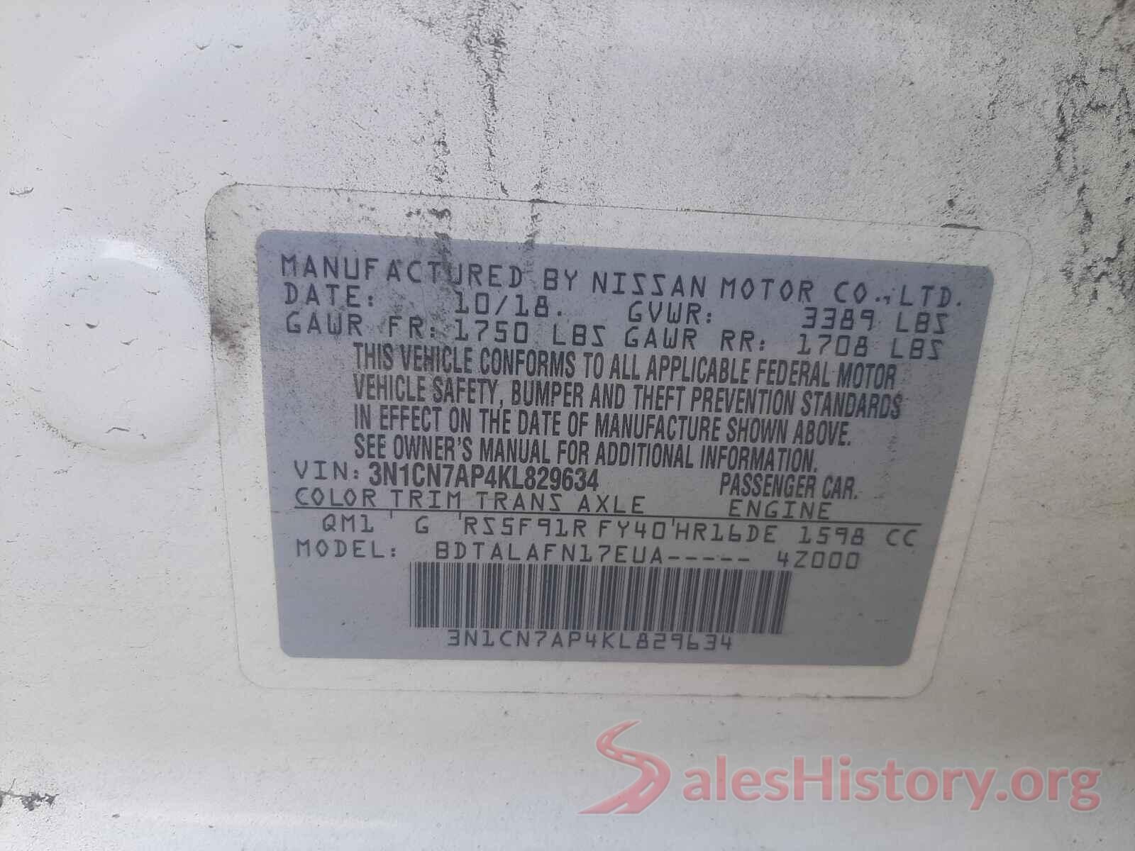 3N1CN7AP4KL829634 2019 NISSAN VERSA