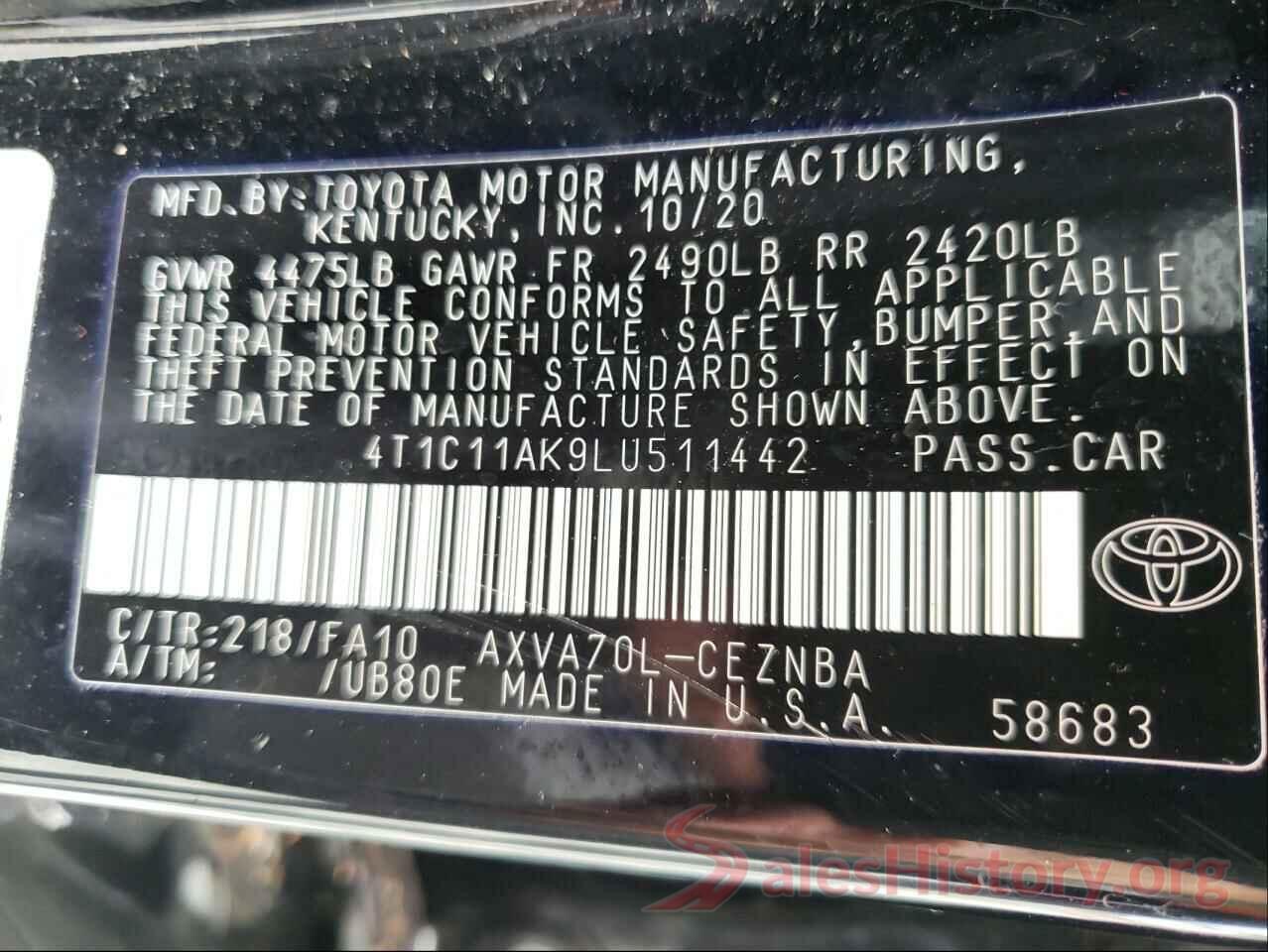 4T1C11AK9LU511442 2020 TOYOTA CAMRY