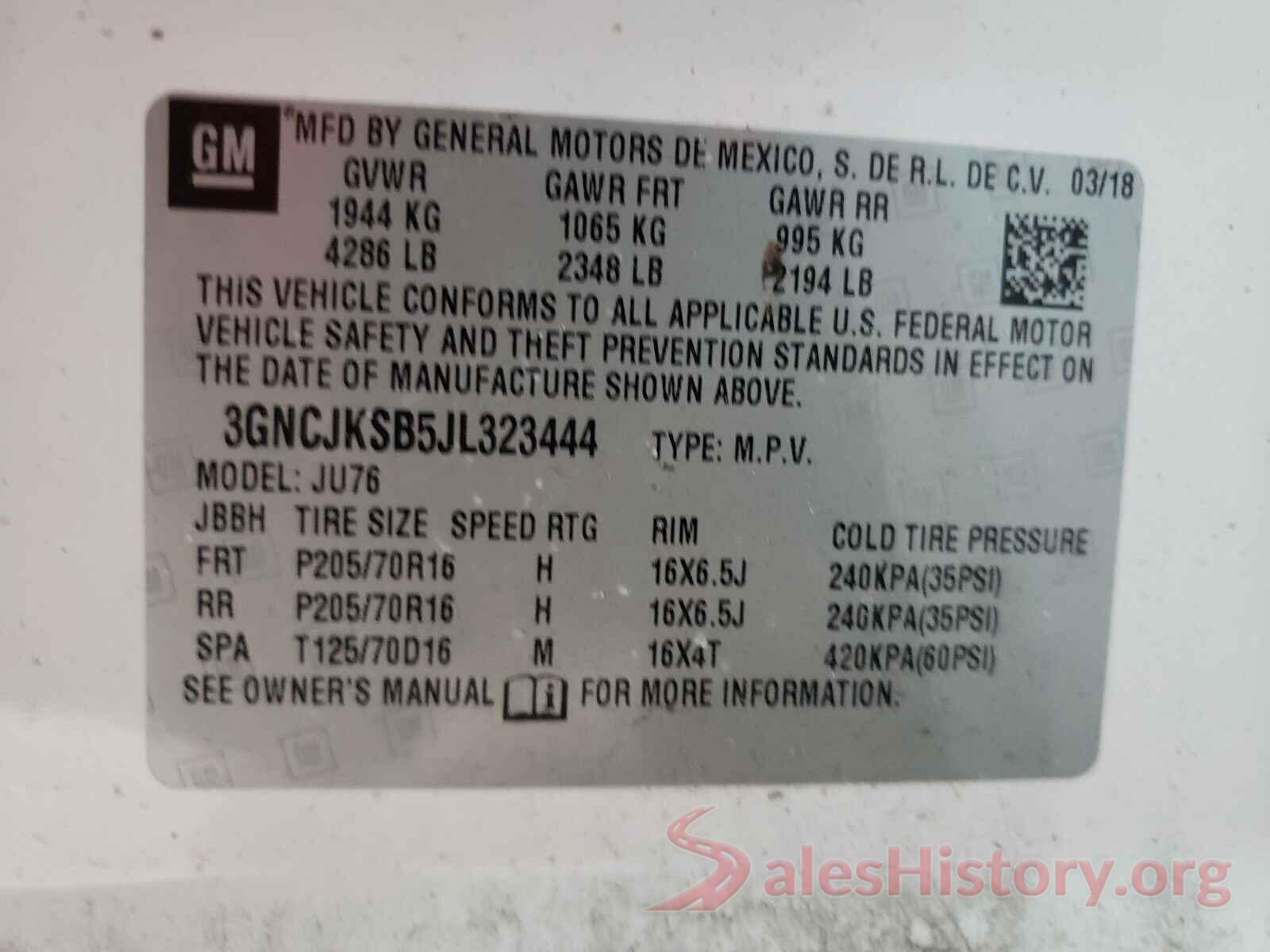 3GNCJKSB5JL323444 2018 CHEVROLET TRAX