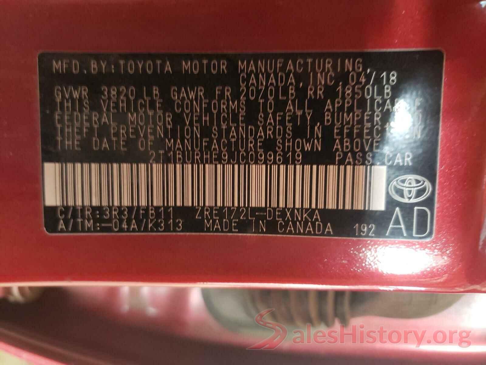 2T1BURHE9JC099619 2018 TOYOTA COROLLA