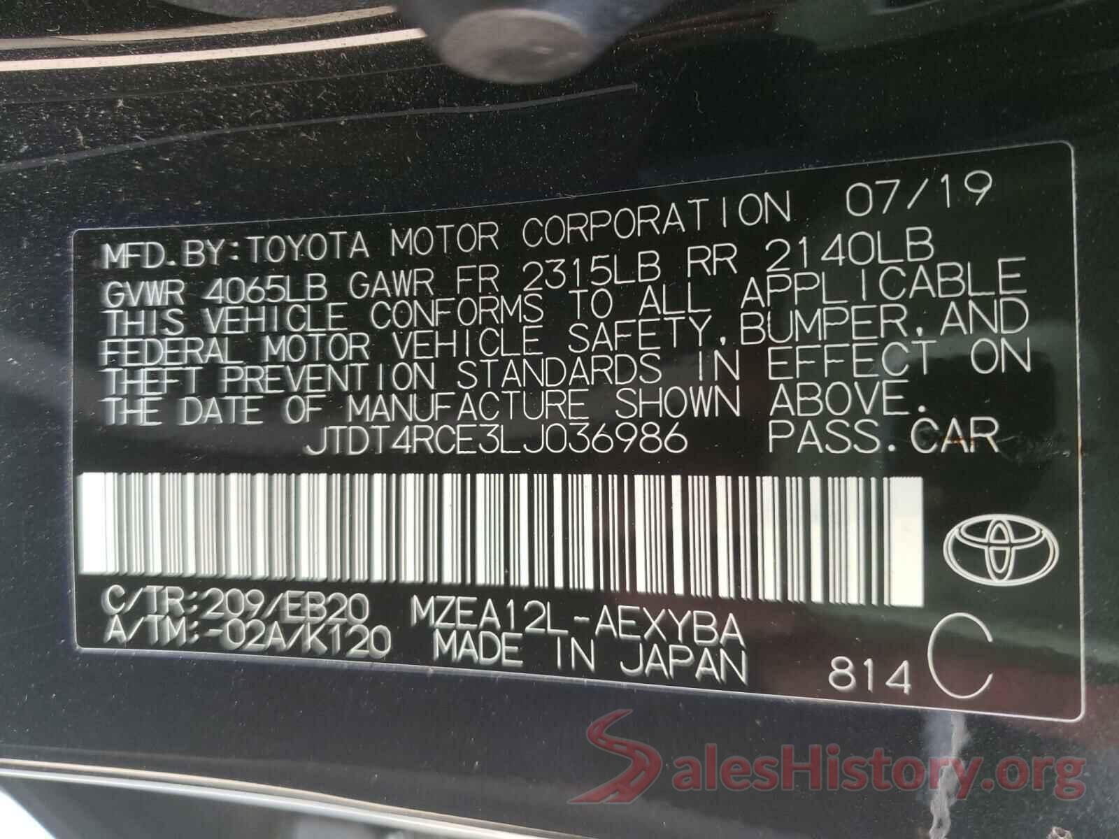 JTDT4RCE3LJ036986 2020 TOYOTA COROLLA