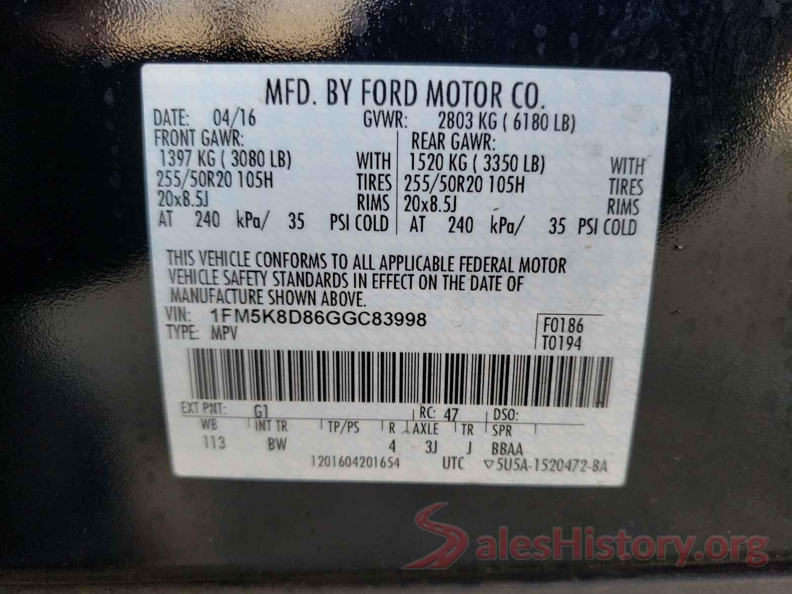 1FM5K8D86GGC83998 2016 FORD EXPLORER