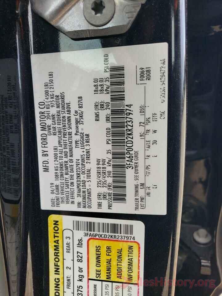 3FA6P0CD2KR237974 2019 FORD FUSION