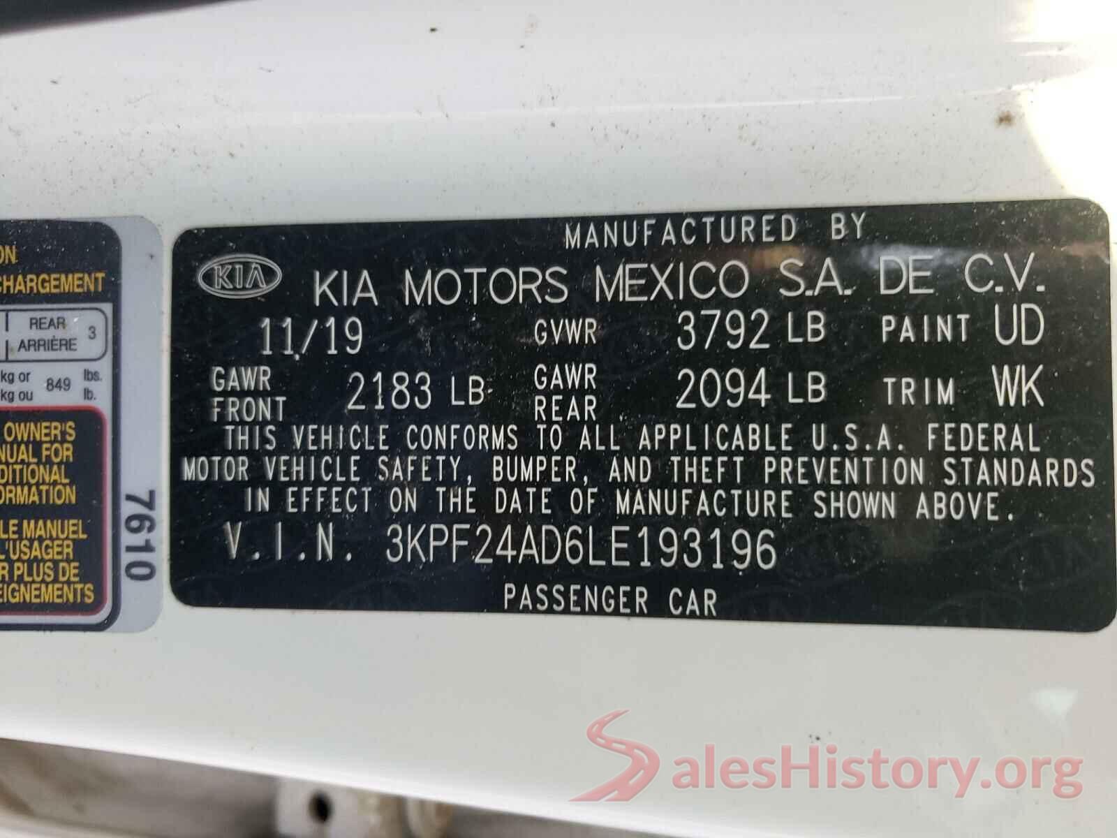 3KPF24AD6LE193196 2020 KIA FORTE