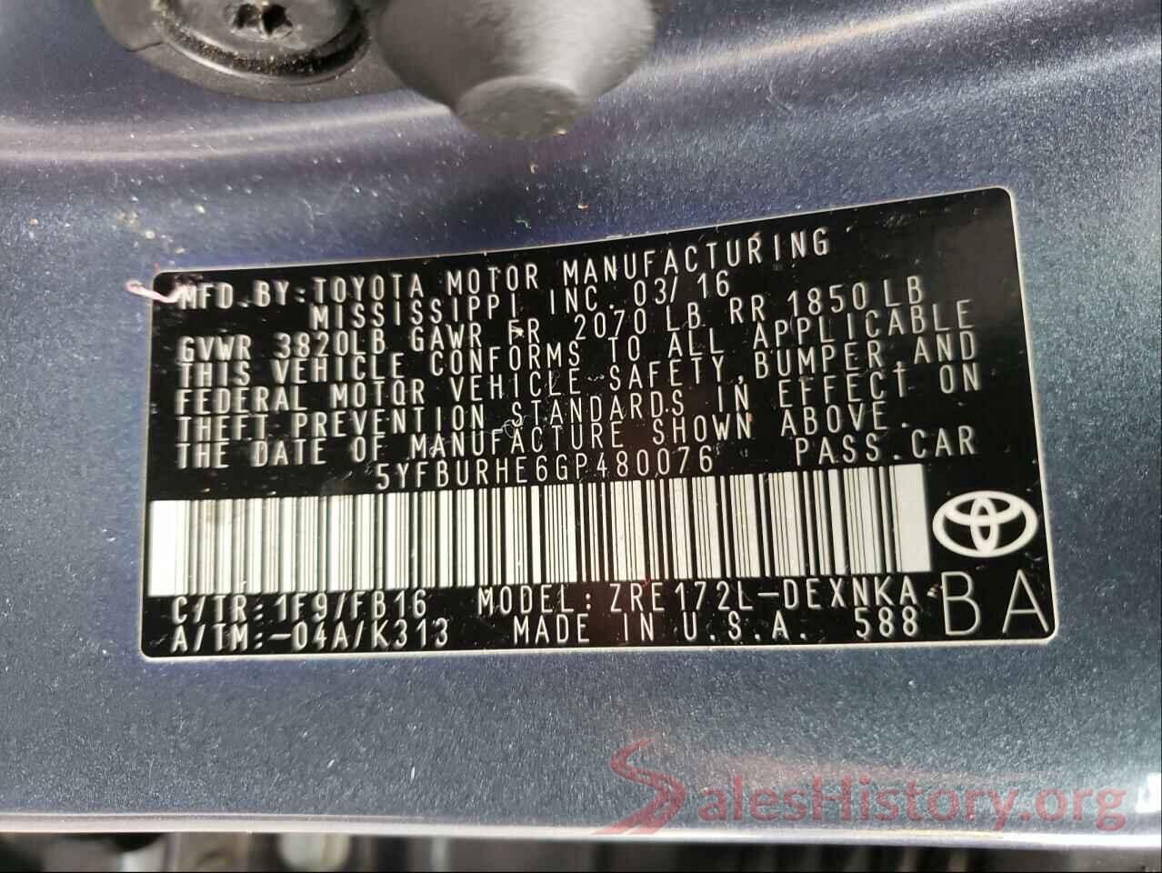 5YFBURHE6GP480076 2016 TOYOTA COROLLA