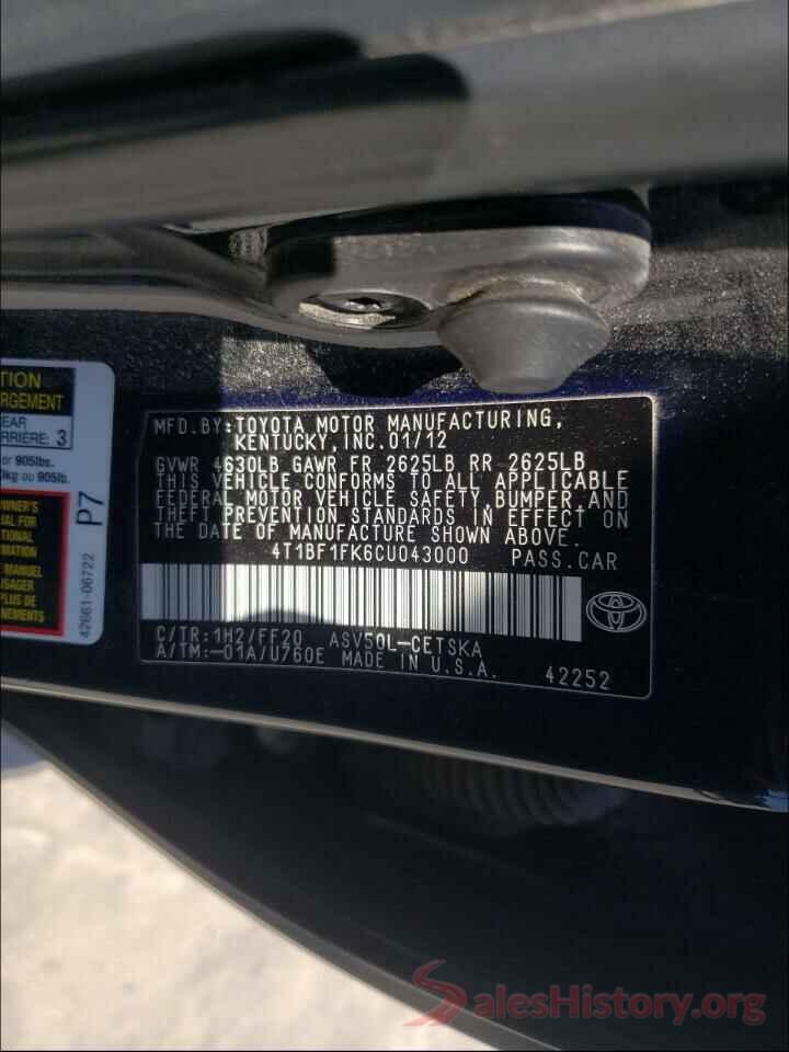 4T1BF1FK6CU043000 2012 TOYOTA CAMRY