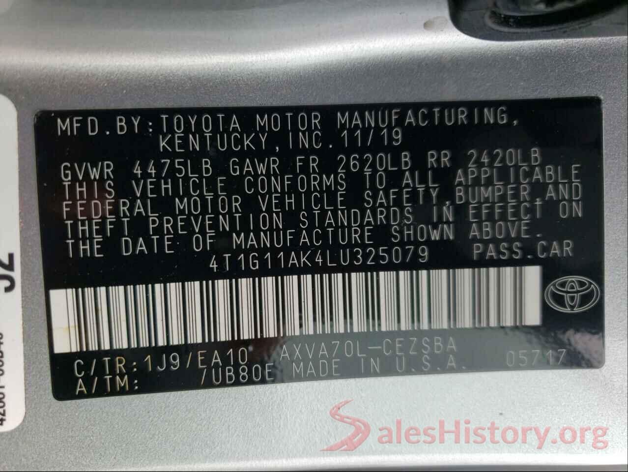 4T1G11AK4LU325079 2020 TOYOTA CAMRY