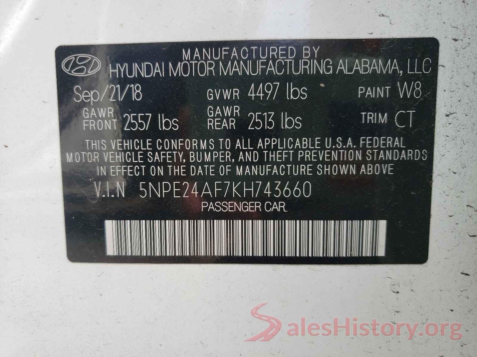 5NPE24AF7KH743660 2019 HYUNDAI SONATA