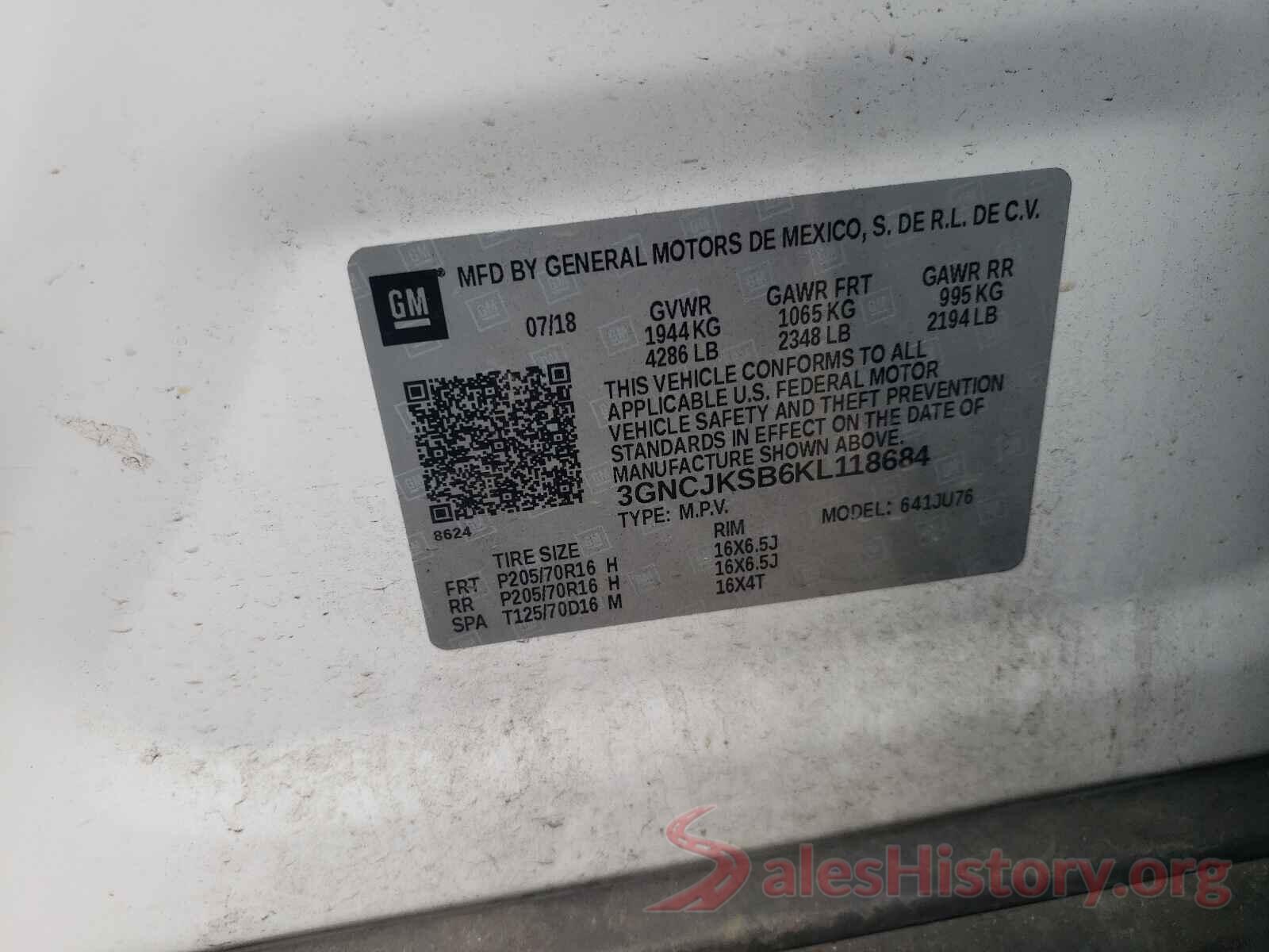 3GNCJKSB6KL118684 2019 CHEVROLET TRAX