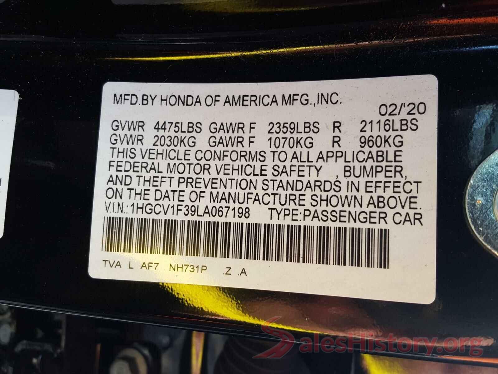 1HGCV1F39LA067198 2020 HONDA ACCORD