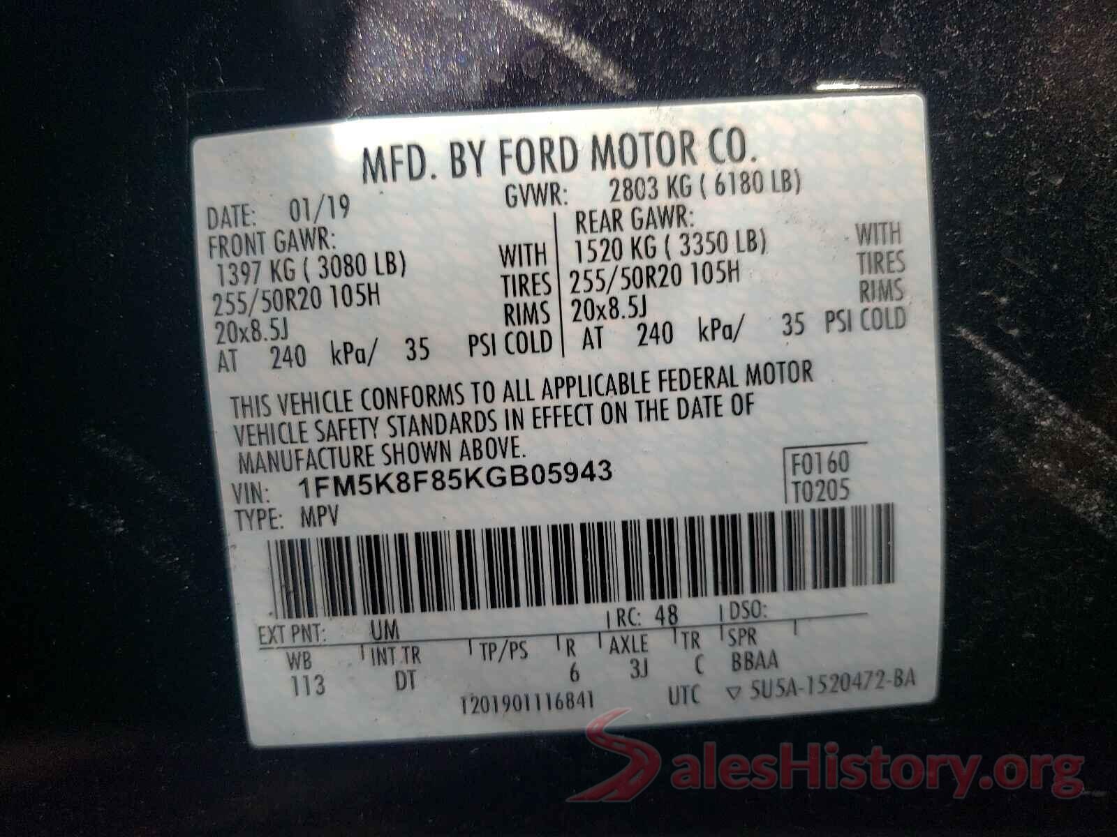 1FM5K8F85KGB05943 2019 FORD EXPLORER