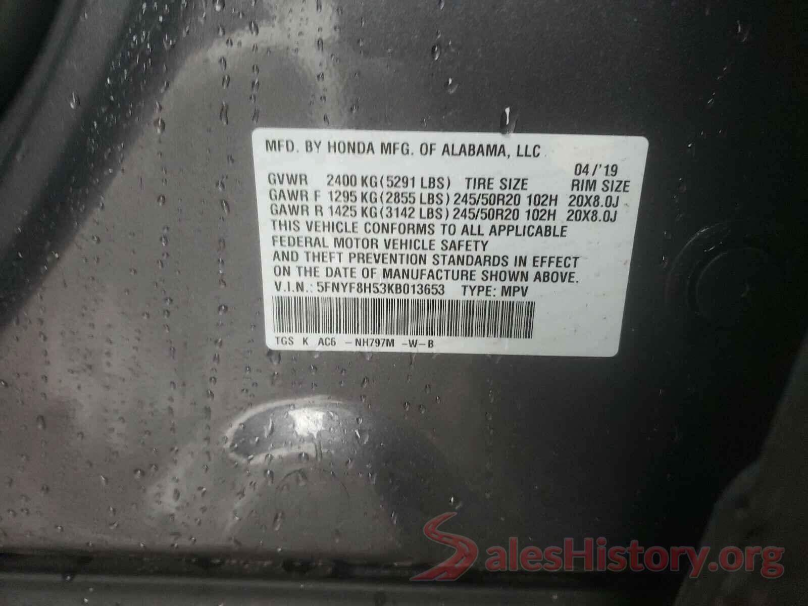 5FNYF8H53KB013653 2019 HONDA PASSPORT