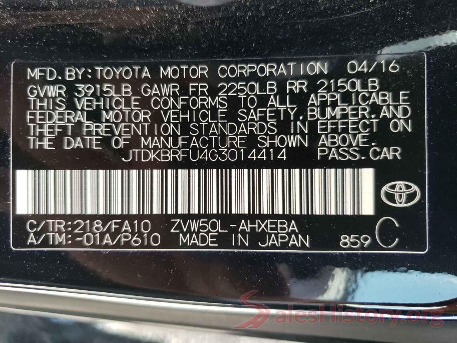 JTDKBRFU4G3014414 2016 TOYOTA PRIUS