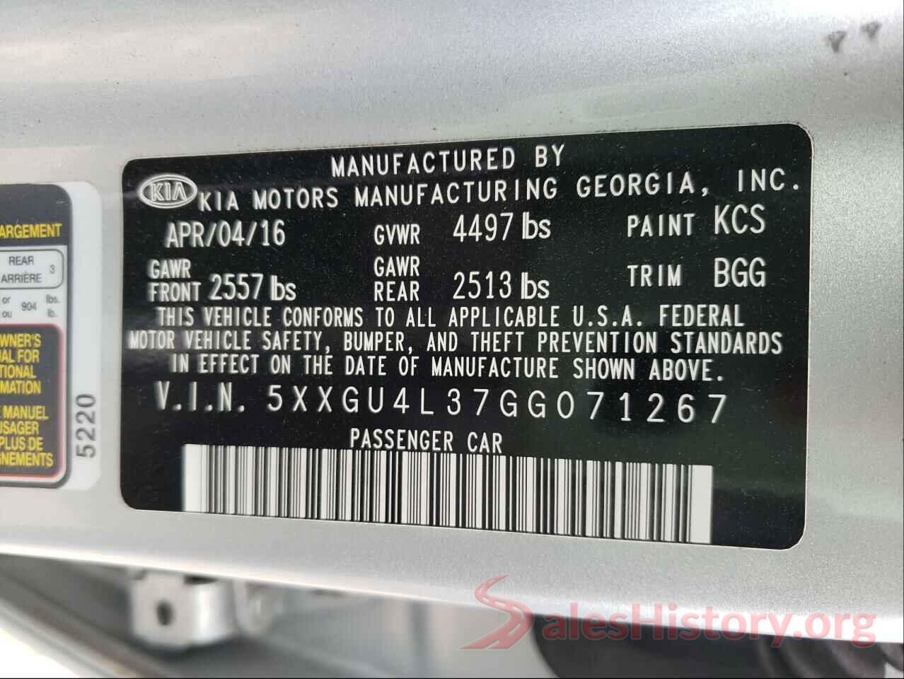 5XXGU4L37GG071267 2016 KIA OPTIMA