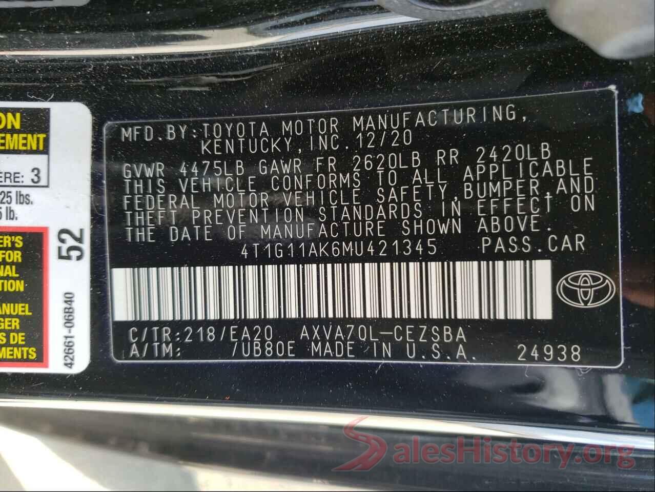 4T1G11AK6MU421345 2021 TOYOTA CAMRY