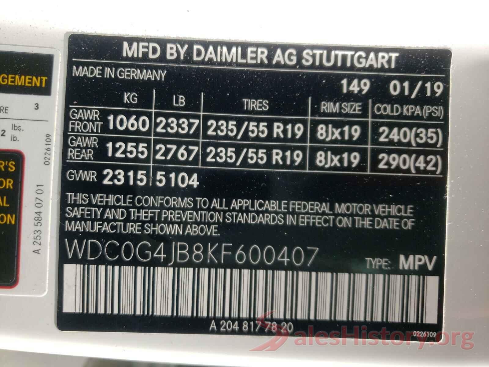 WDC0G4JB8KF600407 2019 MERCEDES-BENZ GLC-CLASS