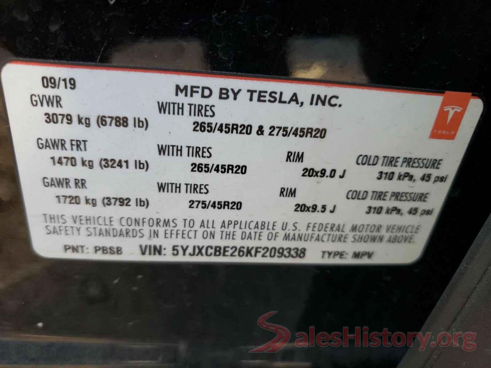 5YJXCBE26KF209338 2019 TESLA MODEL X