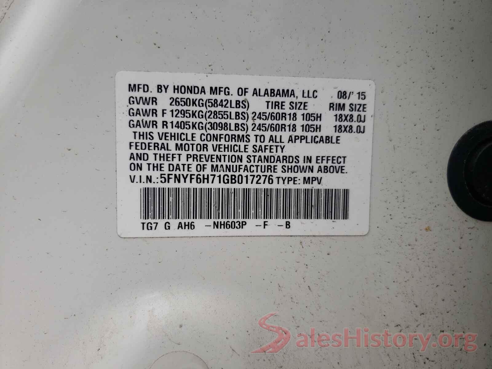 5FNYF6H71GB017276 2016 HONDA PILOT