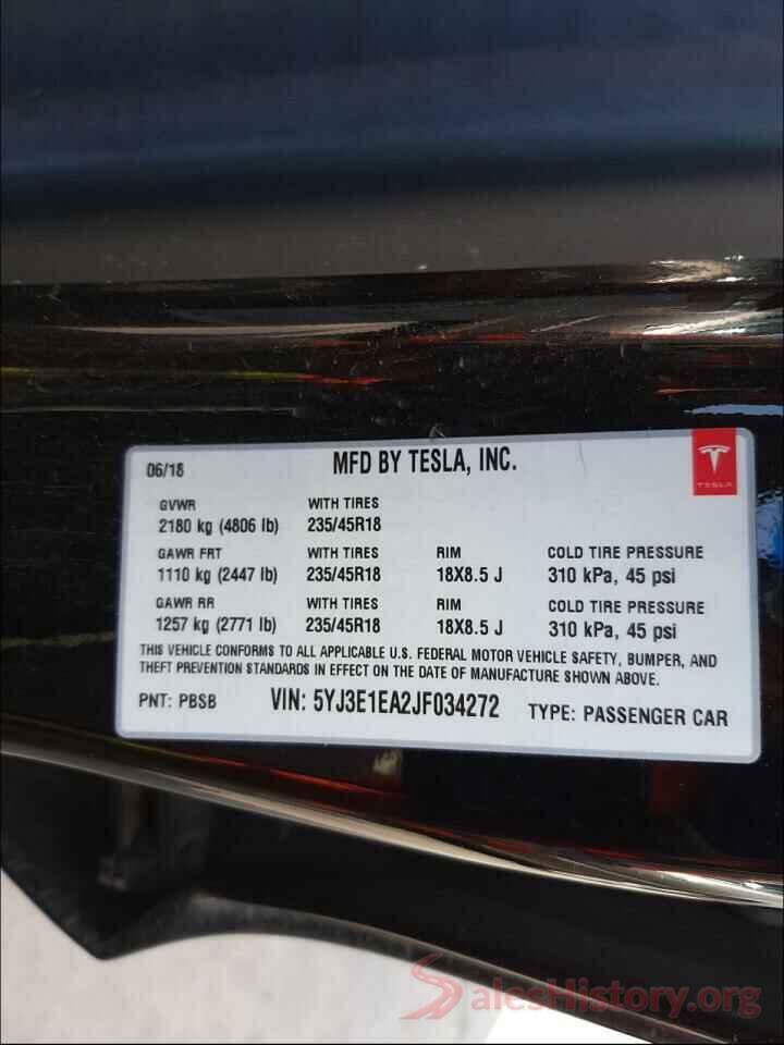 5YJ3E1EA2JF034272 2018 TESLA MODEL 3