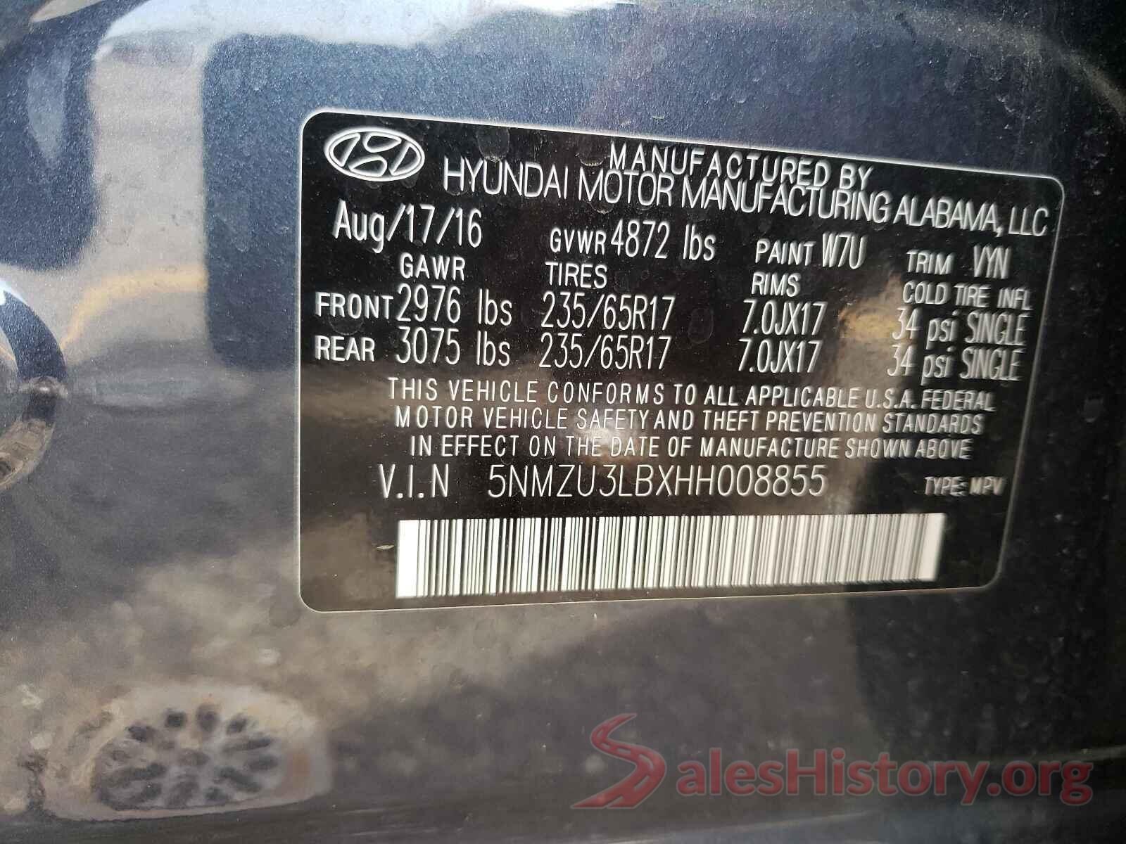 5NMZU3LBXHH008855 2017 HYUNDAI SANTA FE