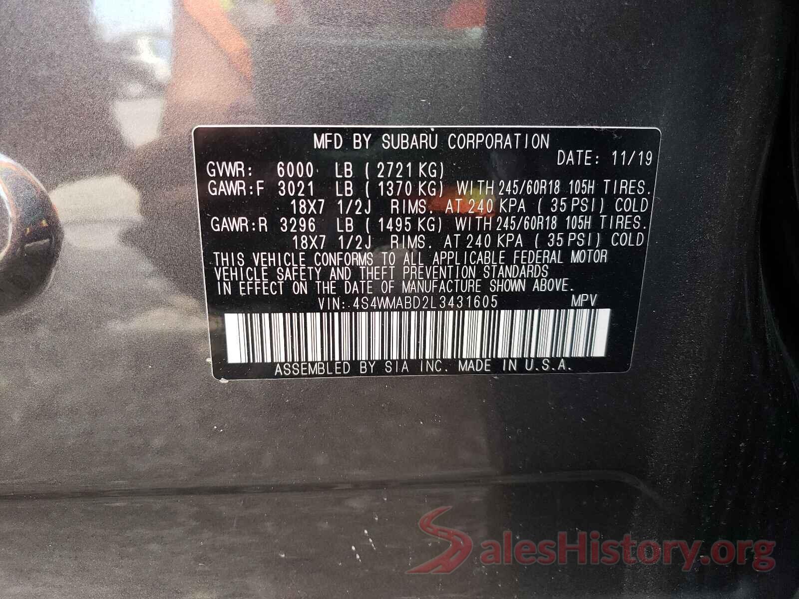 4S4WMABD2L3431605 2020 SUBARU ASCENT