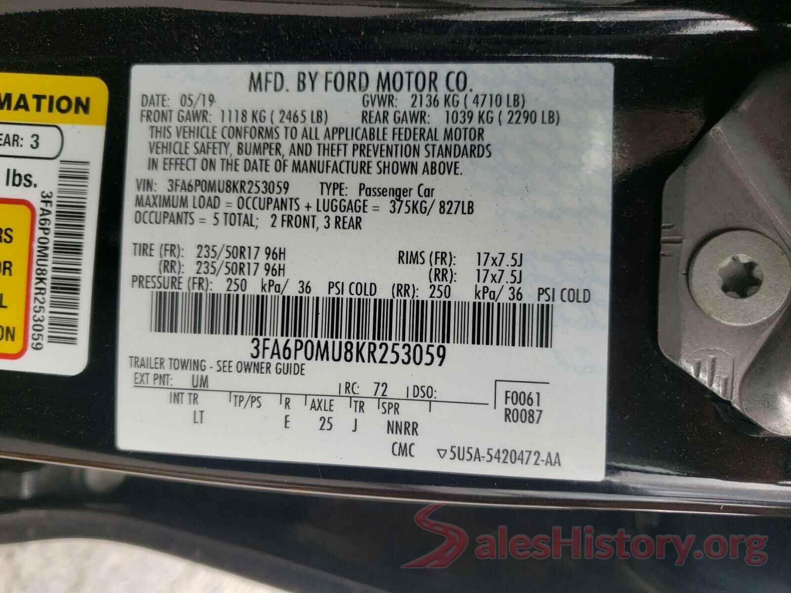 3FA6P0MU8KR253059 2019 FORD FUSION