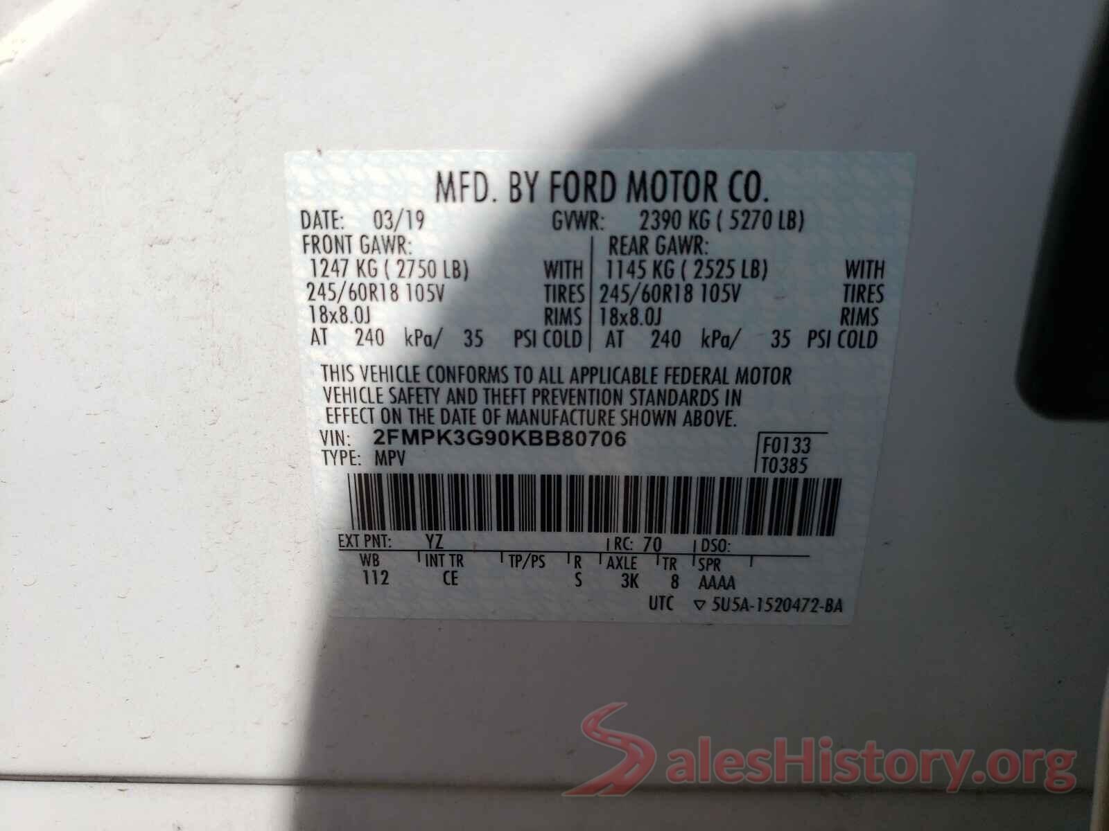 2FMPK3G90KBB80706 2019 FORD EDGE