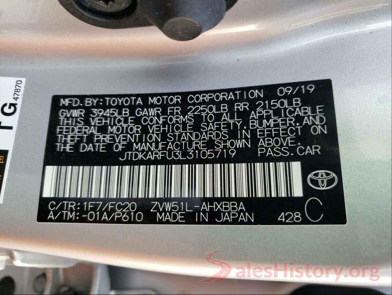 JTDKARFU3L3105719 2020 TOYOTA PRIUS