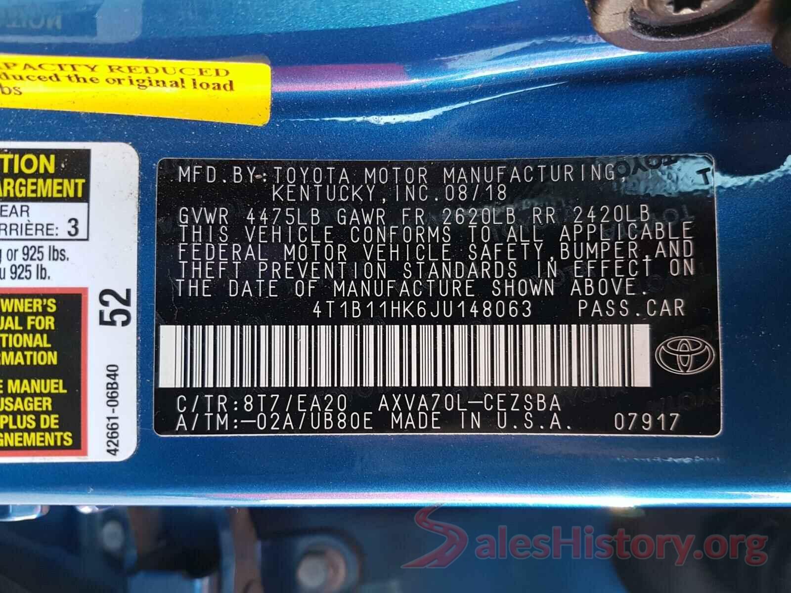 4T1B11HK6JU148063 2018 TOYOTA CAMRY