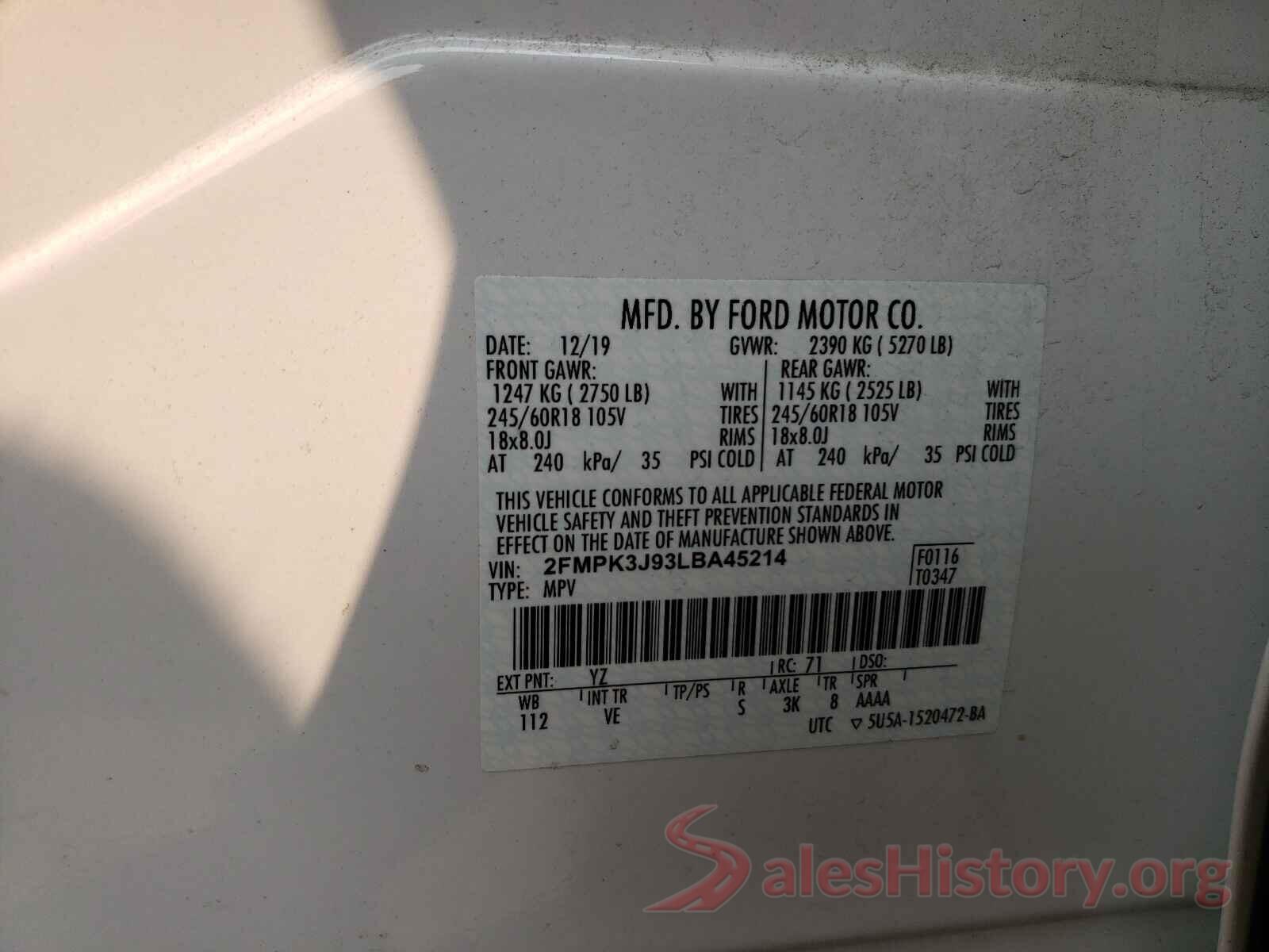 2FMPK3J93LBA45214 2020 FORD EDGE