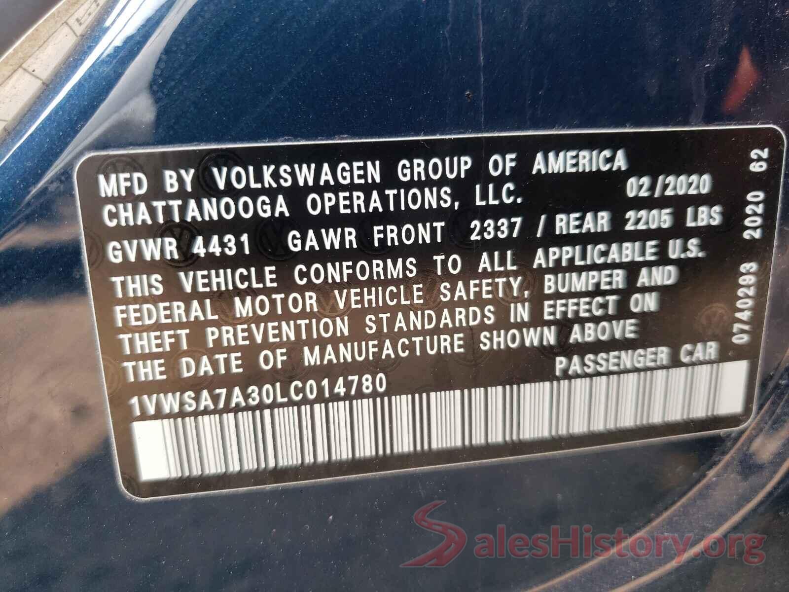 1VWSA7A30LC014780 2020 VOLKSWAGEN PASSAT