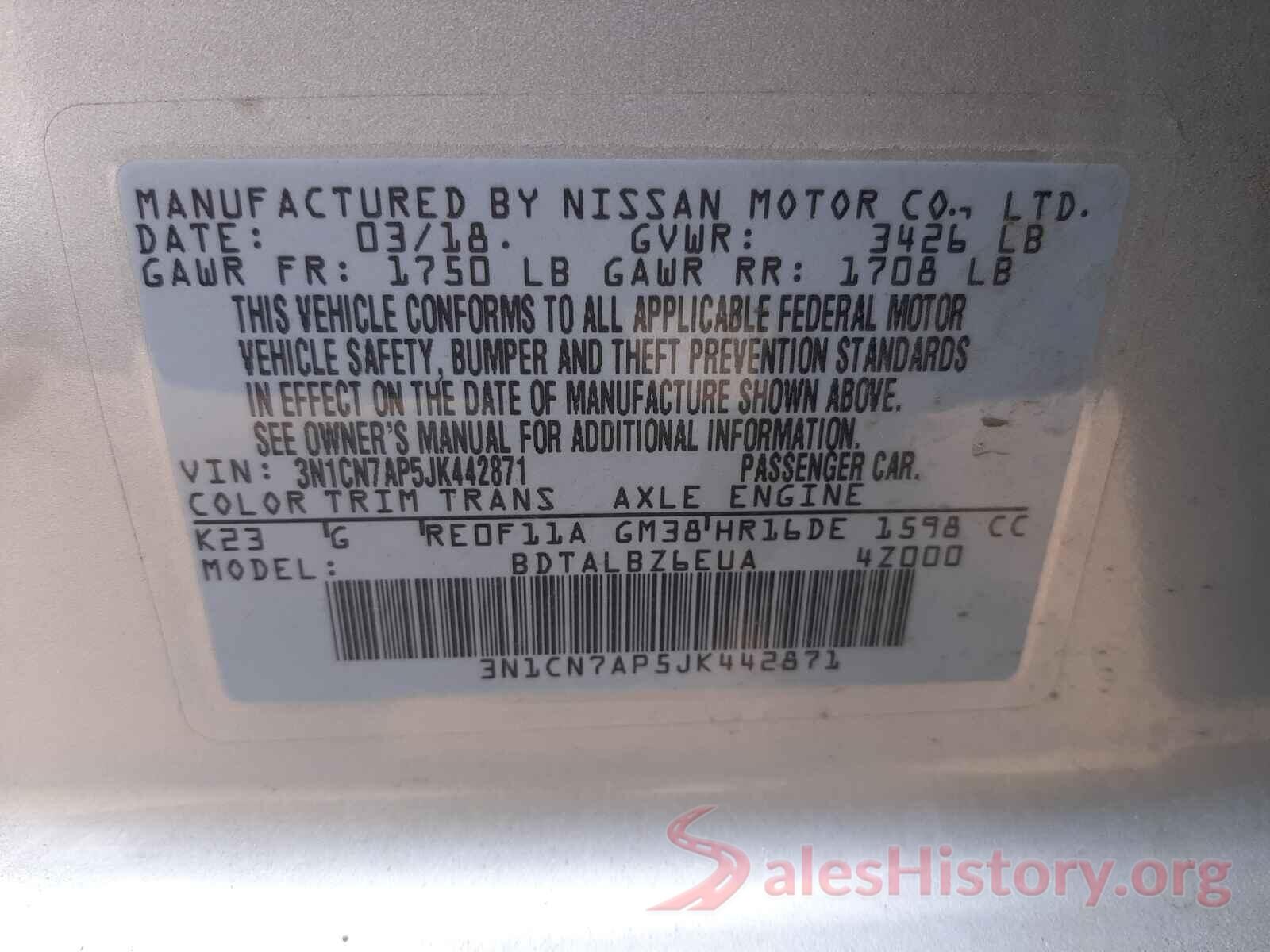 3N1CN7AP5JK442871 2018 NISSAN VERSA