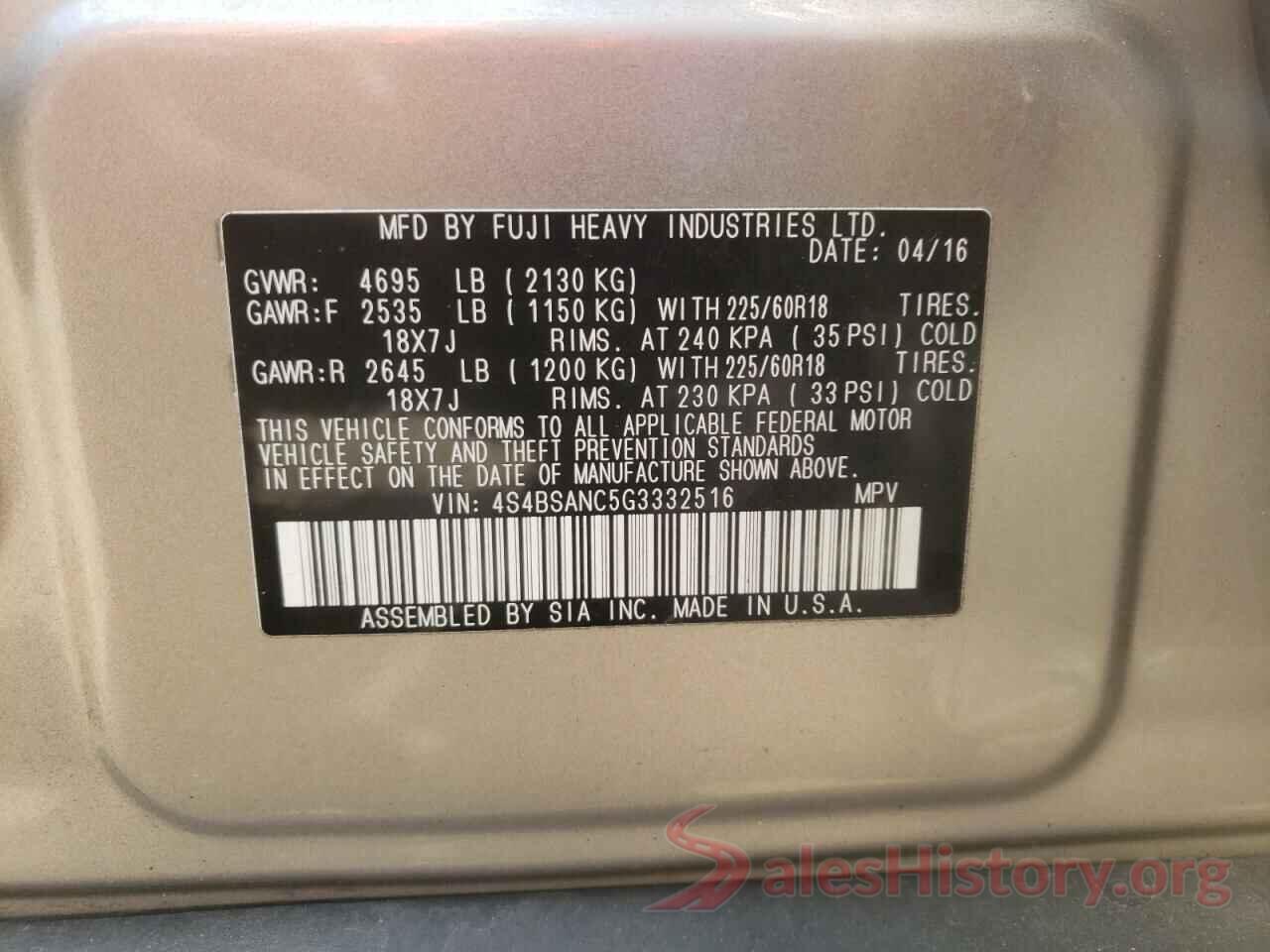 4S4BSANC5G3332516 2016 SUBARU OUTBACK