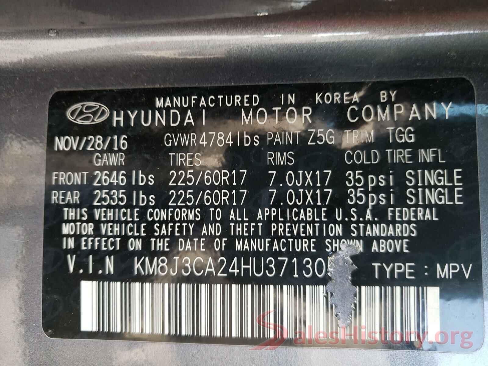 KM8J3CA24HU371305 2017 HYUNDAI TUCSON