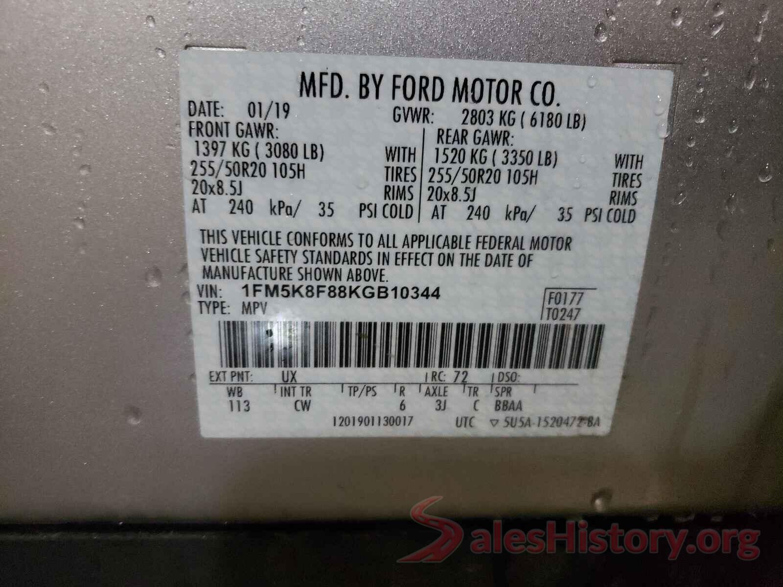 1FM5K8F88KGB10344 2019 FORD EXPLORER