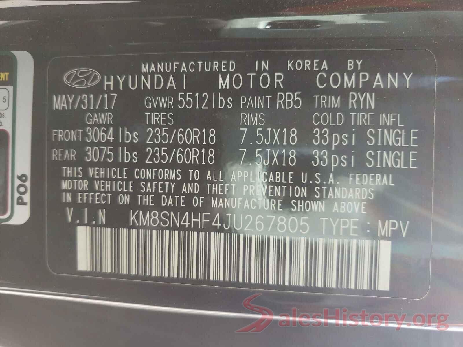 KM8SN4HF4JU267805 2018 HYUNDAI SANTA FE