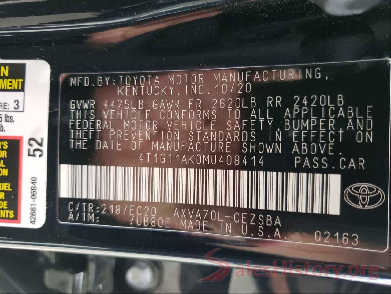 4T1G11AK0MU408414 2021 TOYOTA CAMRY