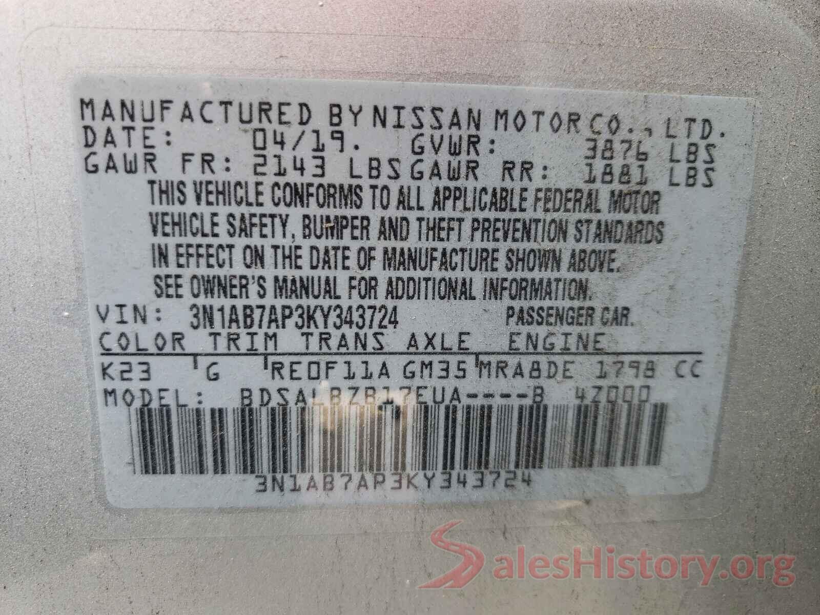 3N1AB7AP3KY343724 2019 NISSAN SENTRA