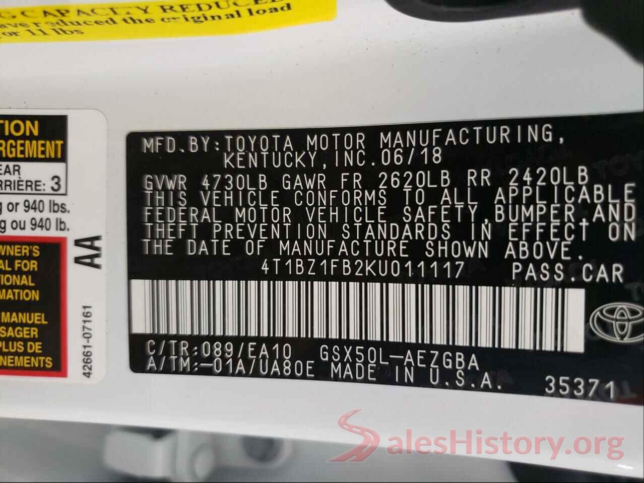 4T1BZ1FB2KU011117 2019 TOYOTA AVALON