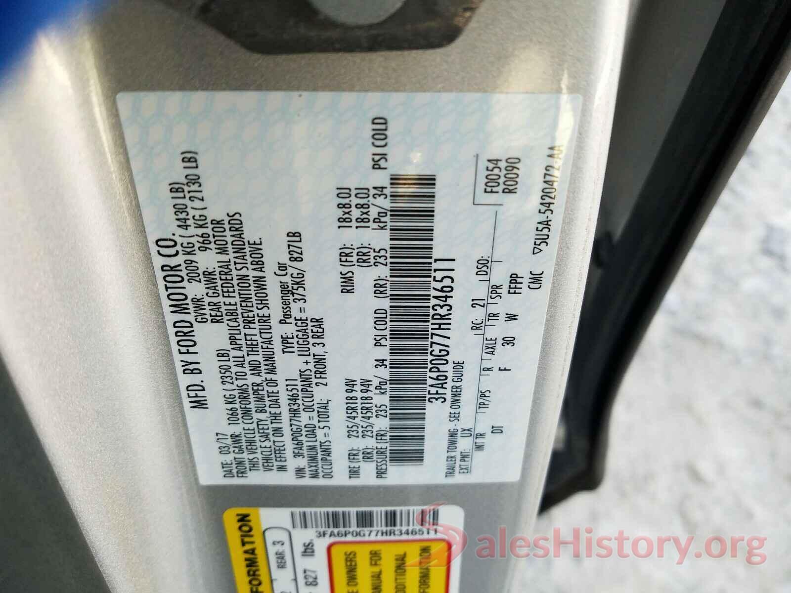 3FA6P0G77HR346511 2017 FORD FUSION