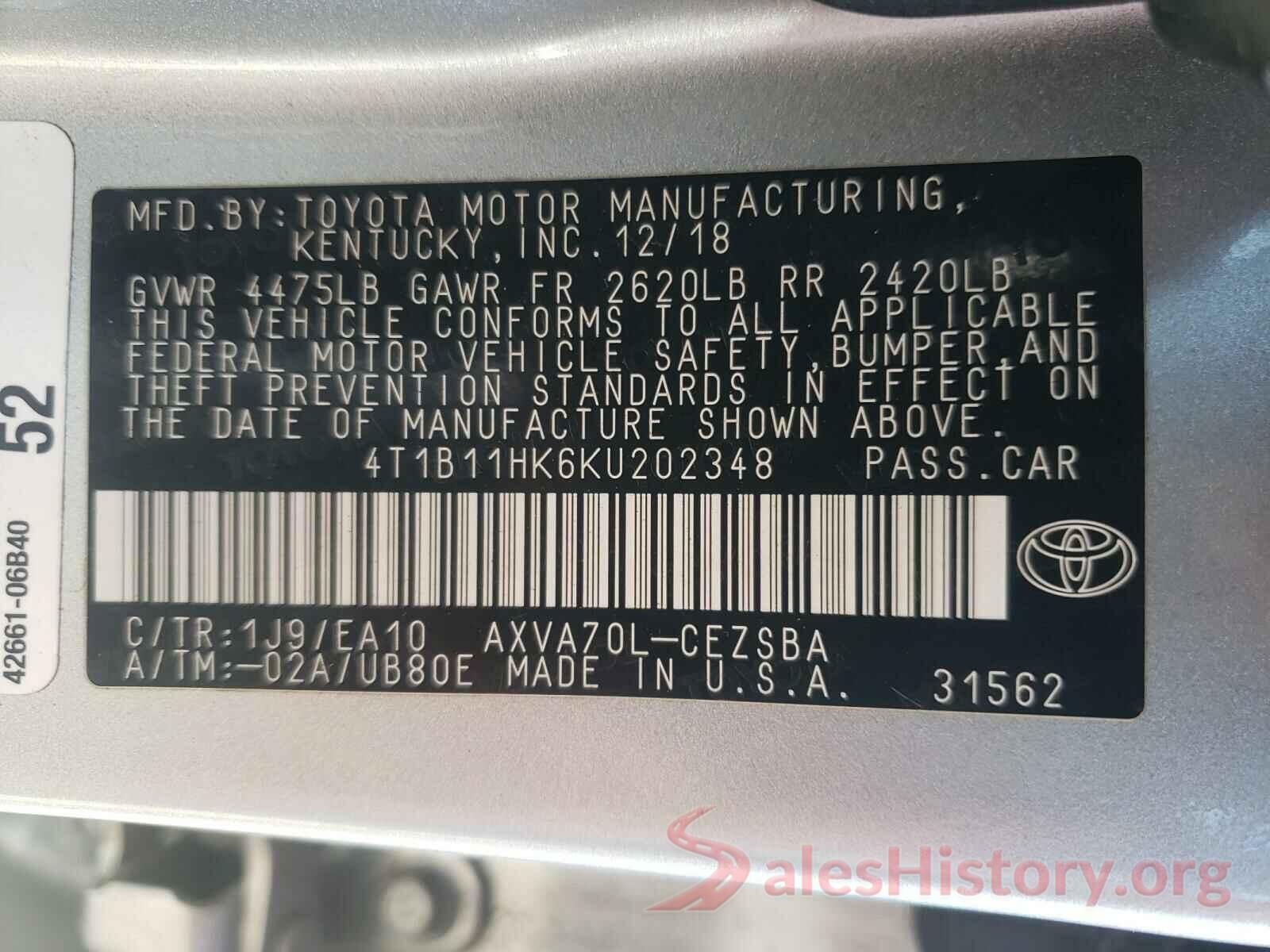 4T1B11HK6KU202348 2019 TOYOTA CAMRY