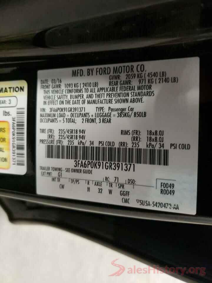 3FA6P0K91GR391371 2016 FORD FUSION