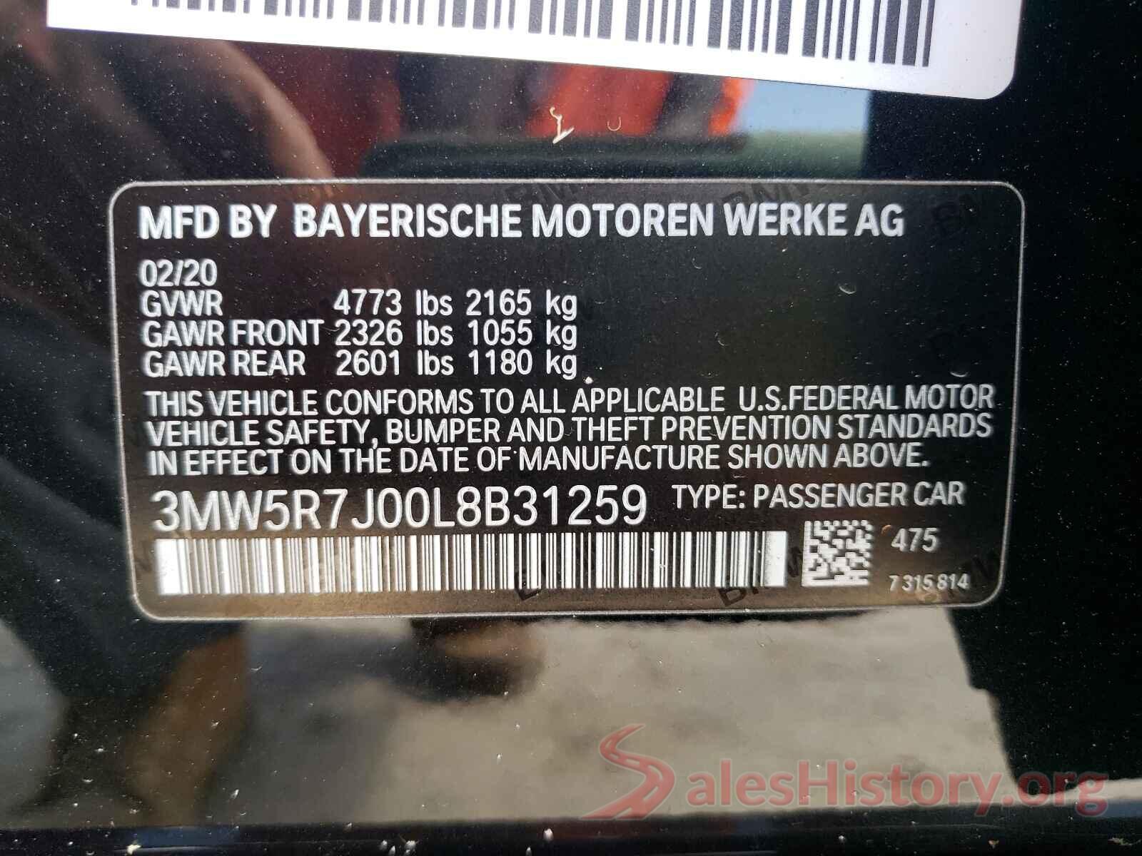 3MW5R7J00L8B31259 2020 BMW 3 SERIES