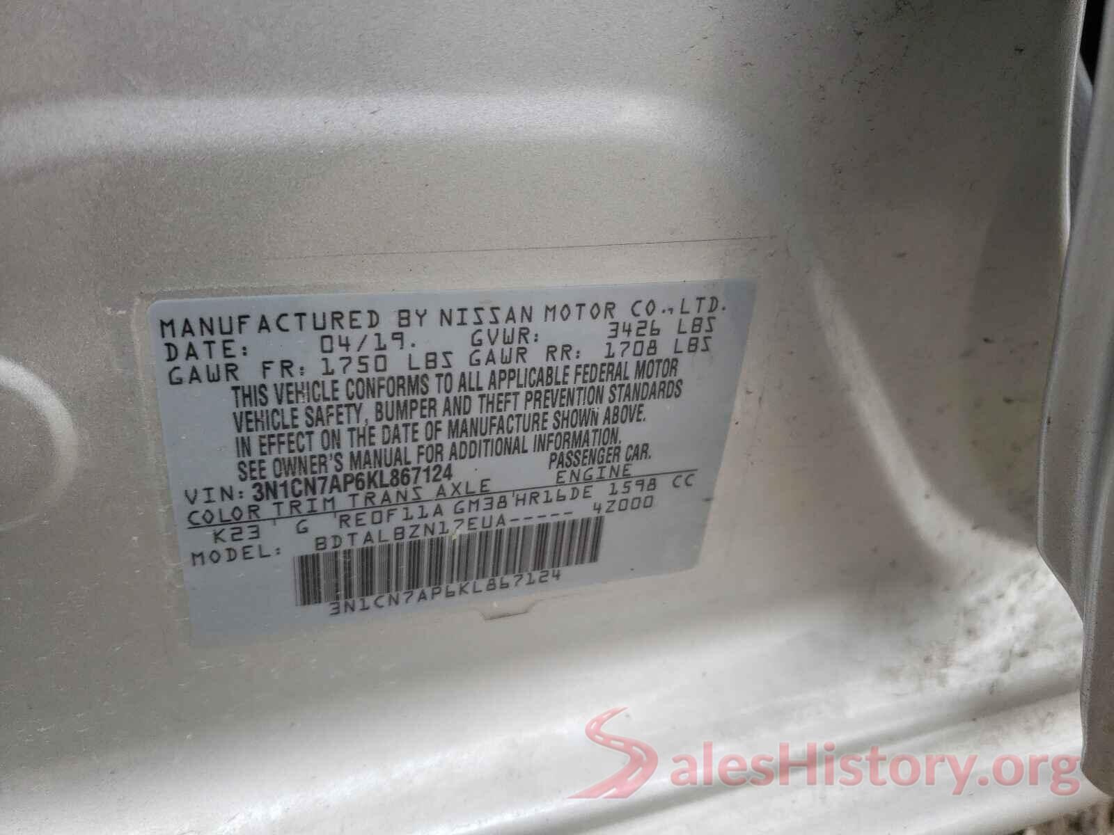 3N1CN7AP6KL867124 2019 NISSAN VERSA