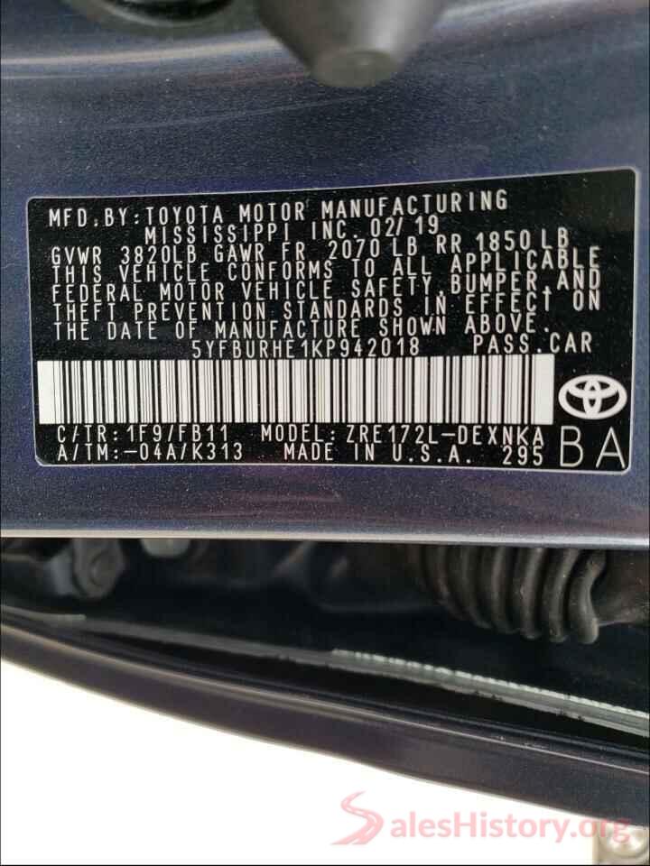 5YFBURHE1KP942018 2019 TOYOTA COROLLA